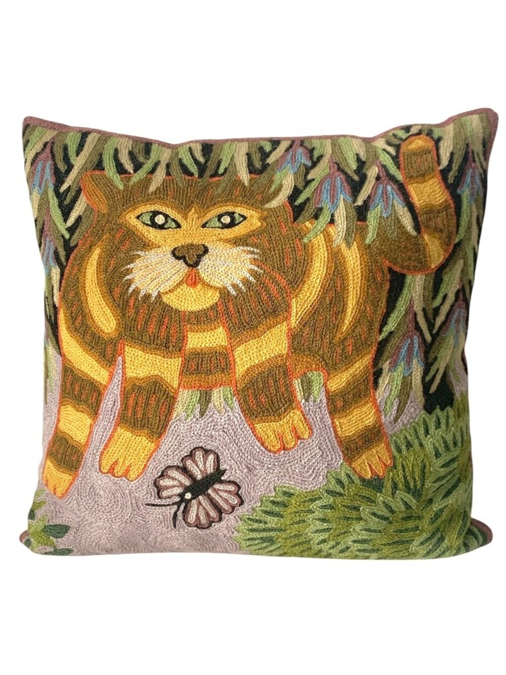 Vintage Machine Embroidered Cat Motif Throw Pillow